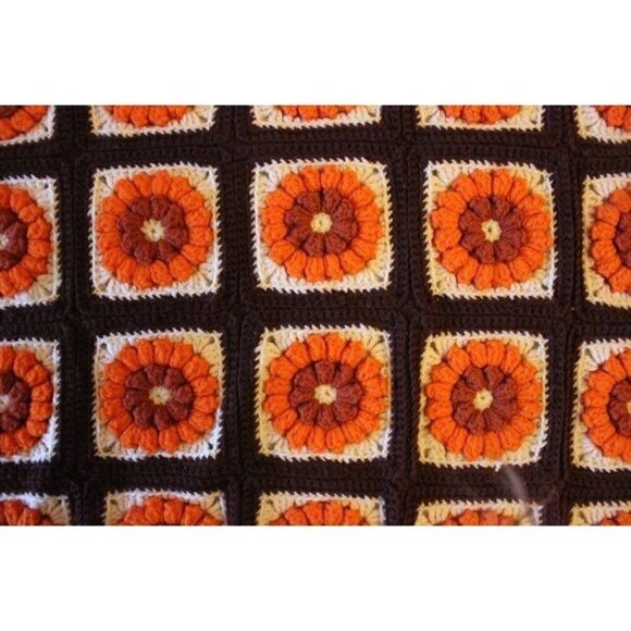 1960's 3D Orange Floral Afghan Granny Square Fall Crochet Blanket Handmade 65x79